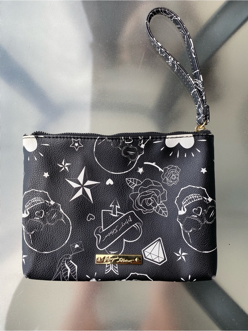 Betsey Johnson Black & White Tattoo-Print Wristlet Clutch